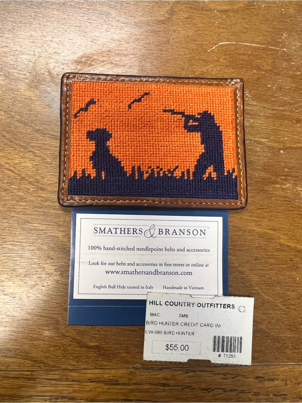 Smathers & Branson Needlepoint Bird Hunter Card Wallet - Orange & Navy NWT